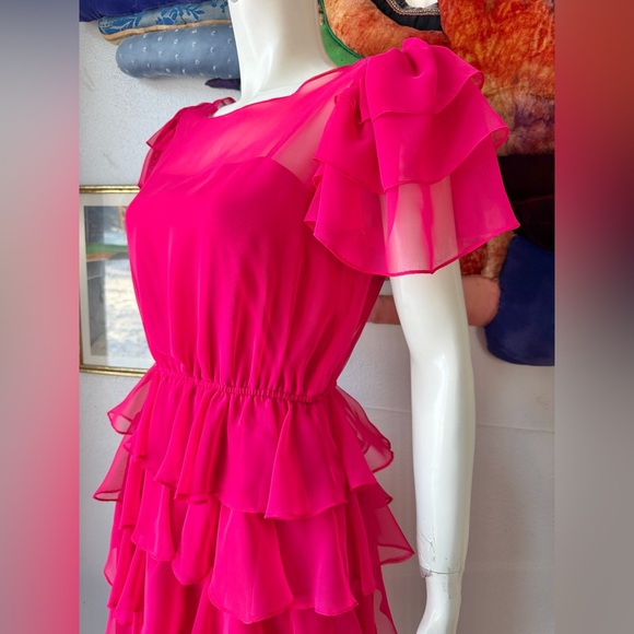 Vintage Dresses & Skirts - 1970s PINK CHIFFON RUFFLES DRESS Vintage Ruffled Fluttery Sleeves Romantic 1980s